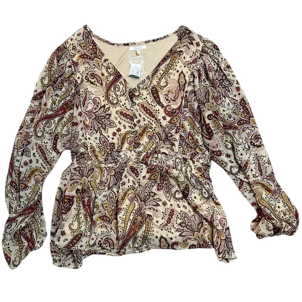 Maurices V-Neck Peplum Blouse Womens 1X Pink Purple Paisley Smocked Waist